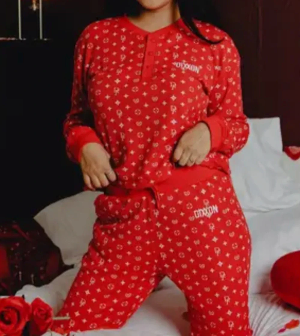 Dixxon Women's Waffle Knit Lounge Set Large Red White Bougie Thermal Joggers